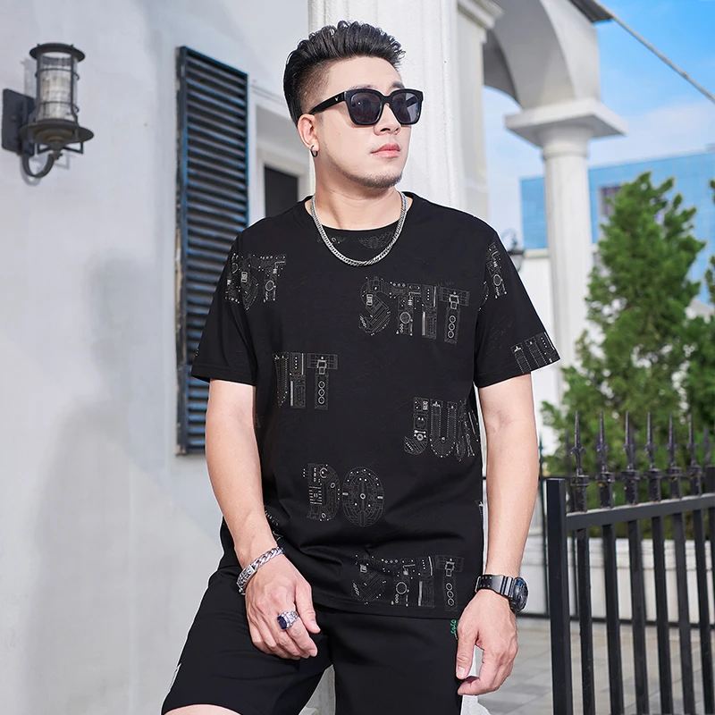 大码男装上衣加大夏季丝光棉宽松半袖潮流胖子休闲印花圆领肥佬