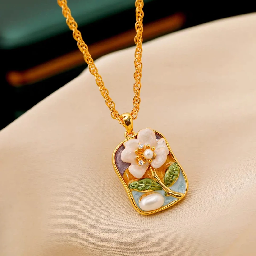 天然淡水珍珠项链万能扣吊坠气质时尚镶嵌油画古法宫廷风坠链挂件