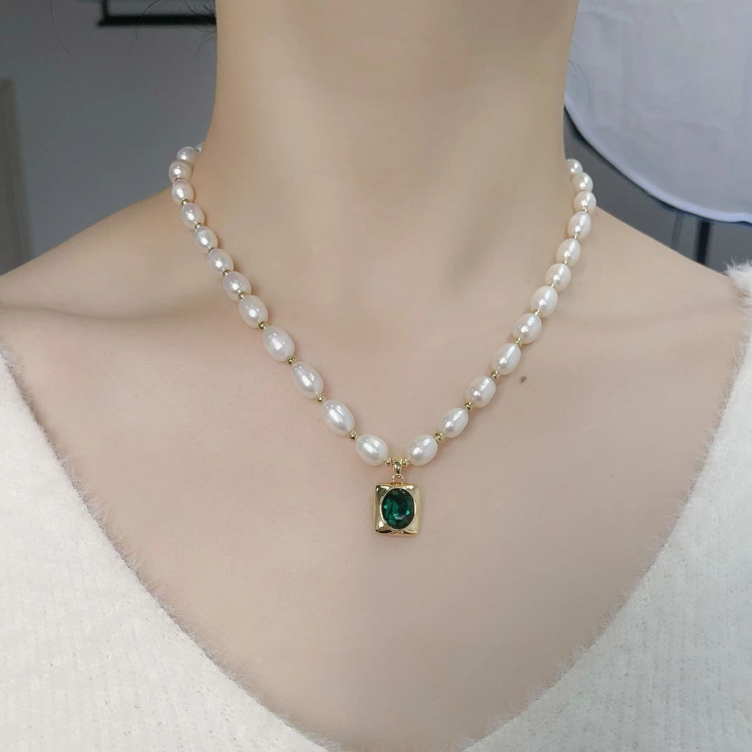 天然淡水珍珠女群青绿色吊坠锁骨链法式复古时尚气质轻奢优雅颈链