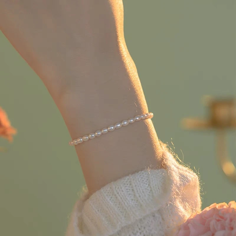 天然淡水珍珠手链女极细小米珠叠戴精致简约手饰s925纯银百搭手串