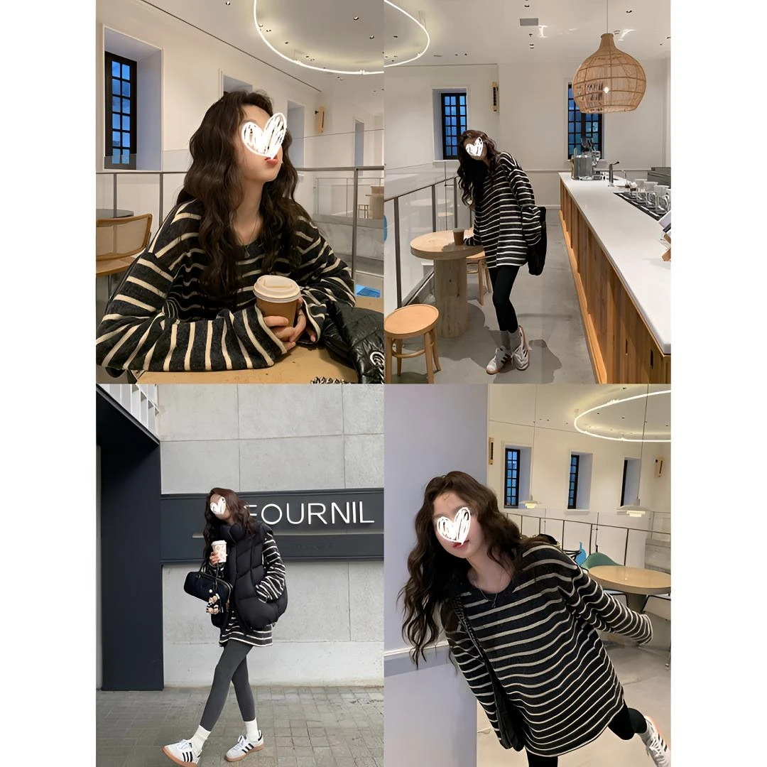 慵懒风黑白长袖条纹T恤女冬季复古休闲打底衫宽松加厚软糯感上衣