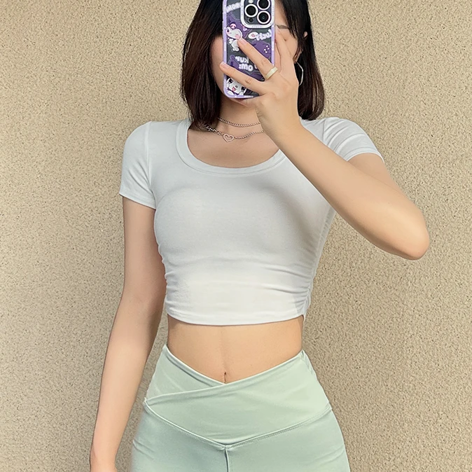 健身弹力露脐短款t恤女夏紧身高腰短款白色打底短袖性感显瘦上衣