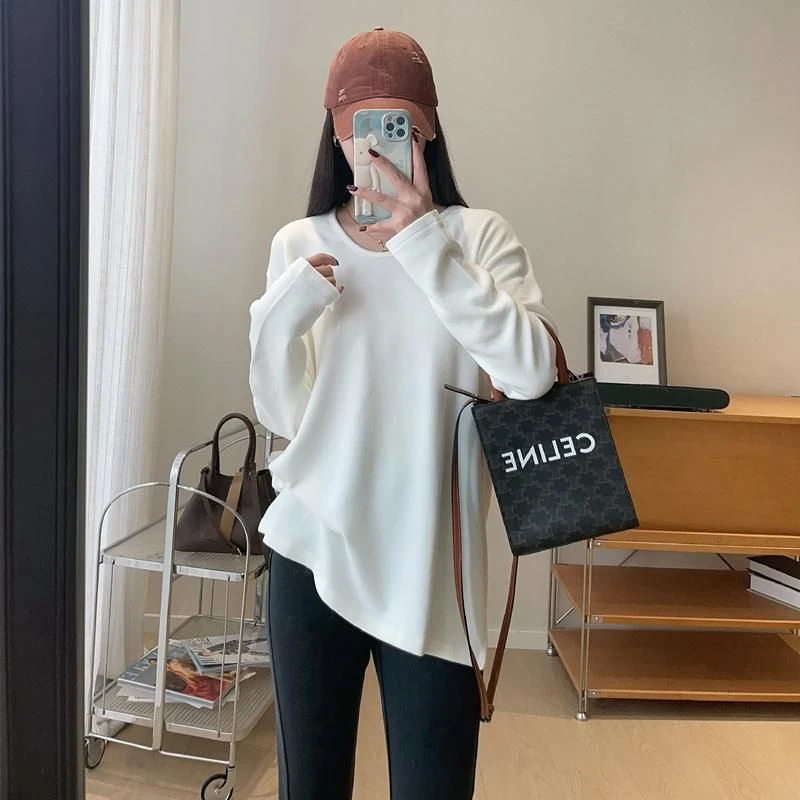 高级灰磨毛加厚长袖t恤女春秋冬宽松打底衫显瘦慵懒风中长款上衣