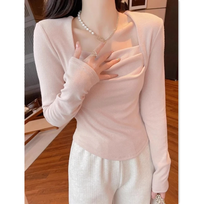 辣妹方领长袖T恤女春秋小众显瘦内搭褶皱锁骨修身打底衫纯欲上衣