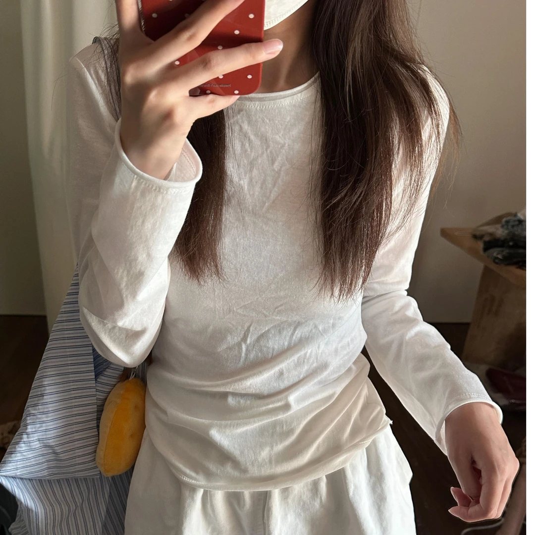 长袖白色打底衫女春秋休闲百搭t恤薄款显瘦微透卷边雪花棉罩衫