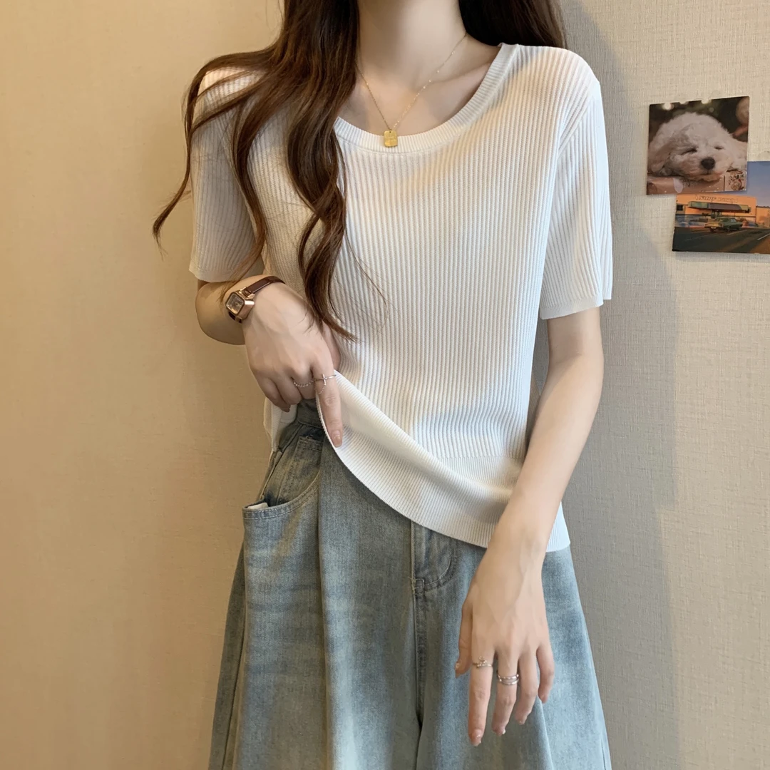 大码夏季韩版坑条冰丝针织短袖t恤女胖mm遮肚显瘦正肩上衣打底衫