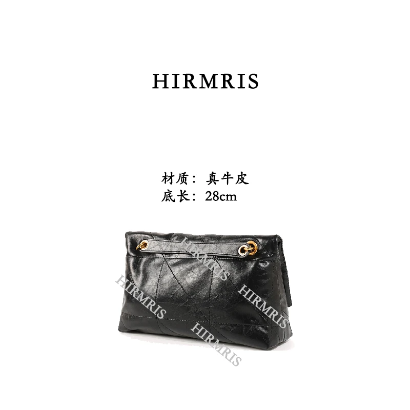 HIRMRIS手工真皮包金扣YZ7-2 斜纹折叠斜跨阳黑 三角阳黑色