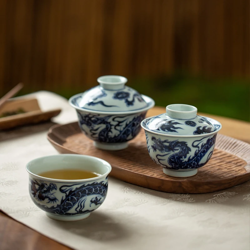【云诗慕古】龙纹二才盖碗青花釉下彩手工手绘单杯家用陶瓷功夫茶具