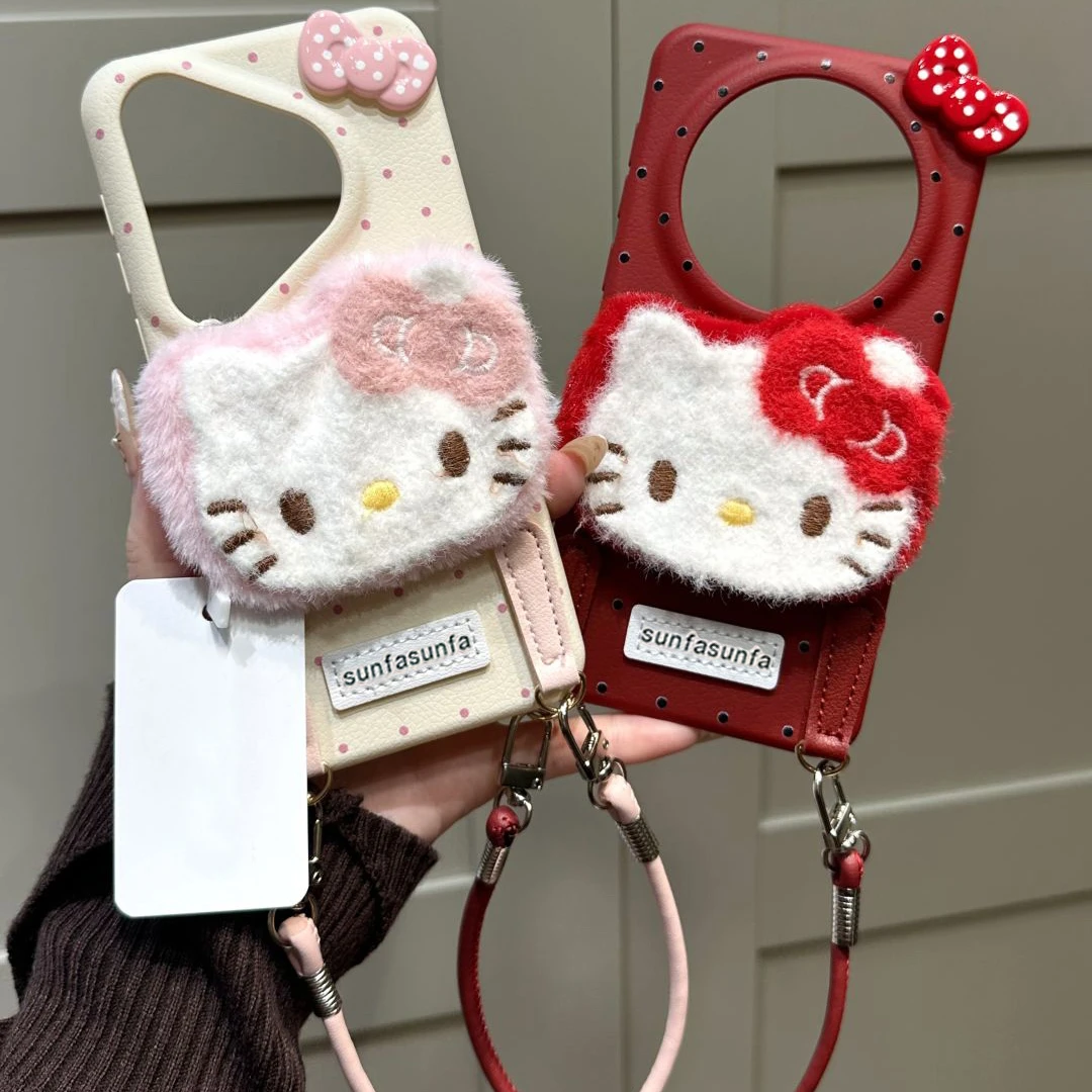 毛绒KT猫仿皮纹适用苹果16手机壳iPhone15Promax女14软13/12/11