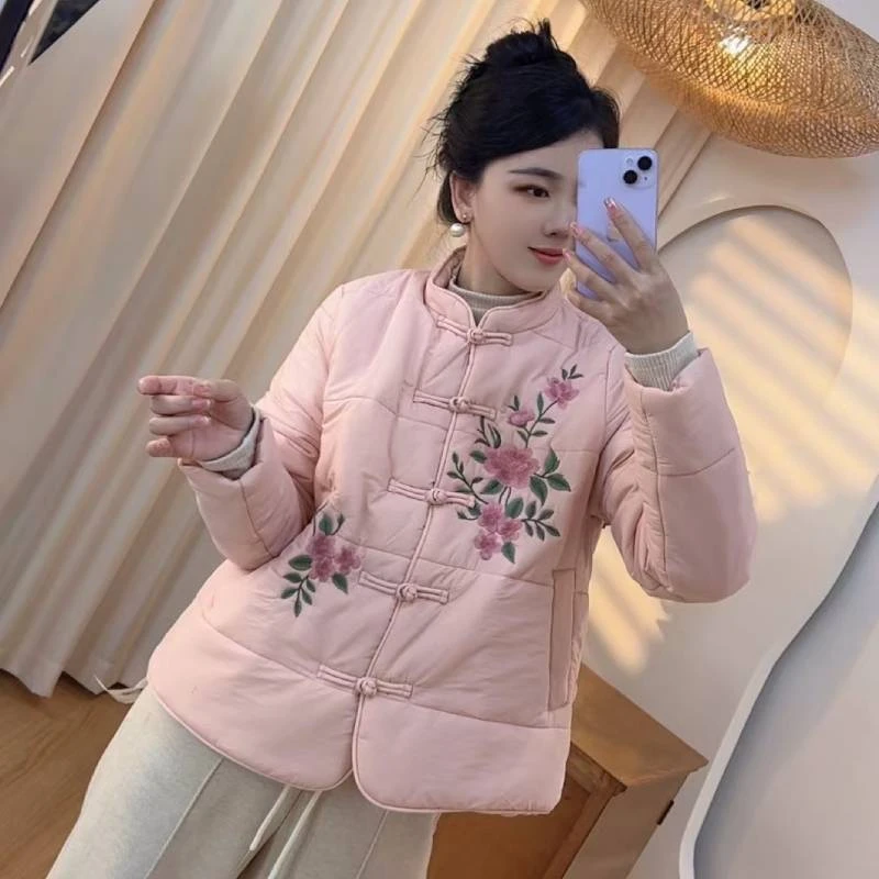 国风立领盘扣刺绣棉服女2024冬季新款时尚百搭洋气女士棉衣外套
