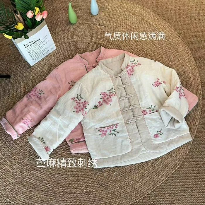 国风中式盘扣刺绣棉服女2024冬季新款时尚宽松休闲女士棉衣外套