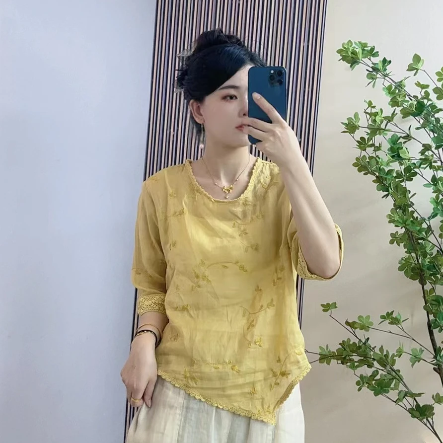 夏季新款圆领蕾丝边气质时尚洋气百搭刺绣苎麻女士衬衫中国风上衣
