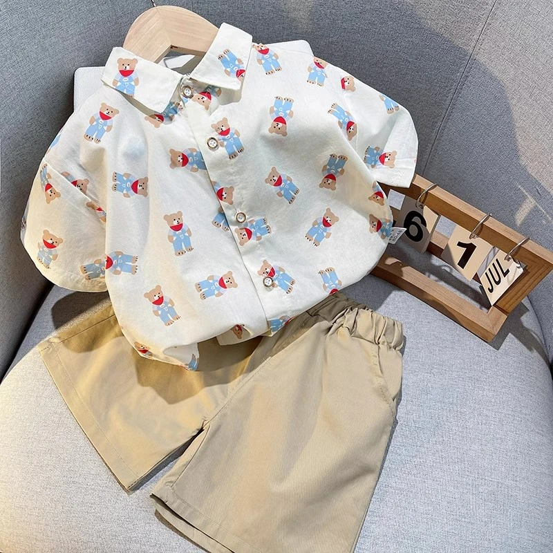 薄款儿童衬衫套装夏款童装男童夏季印花上衣洋气休闲小童帅气时尚