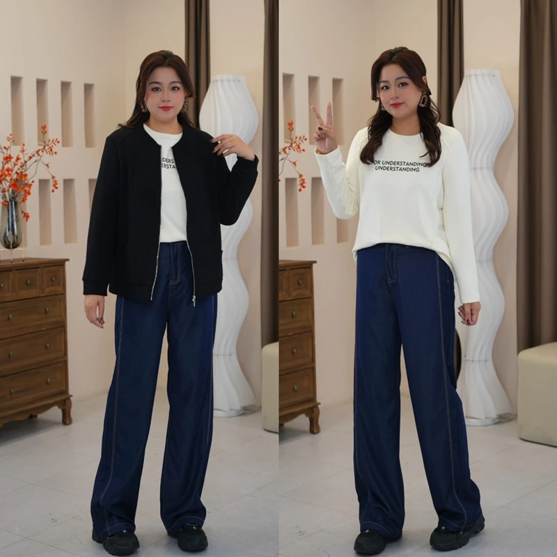 【现货仅牛仔裤】PMM81535 秋季新款胖mm高腰显瘦休闲牛仔裤