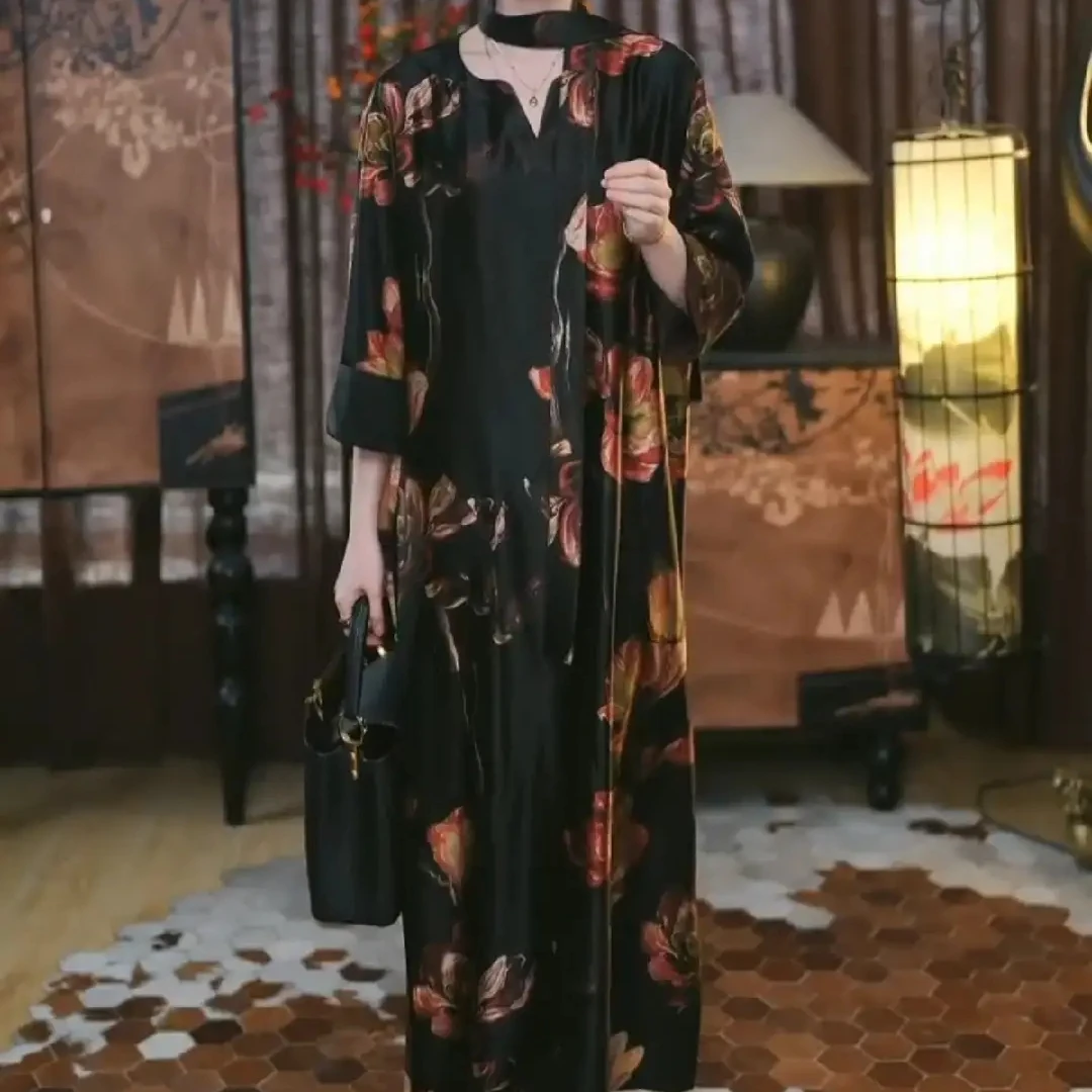 【芷悠】香云纱新中式重锻复古显瘦春秋宽松女士国风腔调长款连衣裙