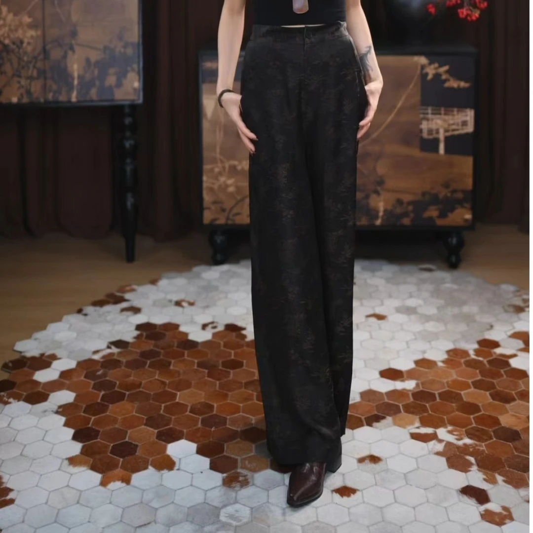 【柒屿】香云纱时尚松紧腰显瘦国风百搭宽松复古休闲中式设计师裤子