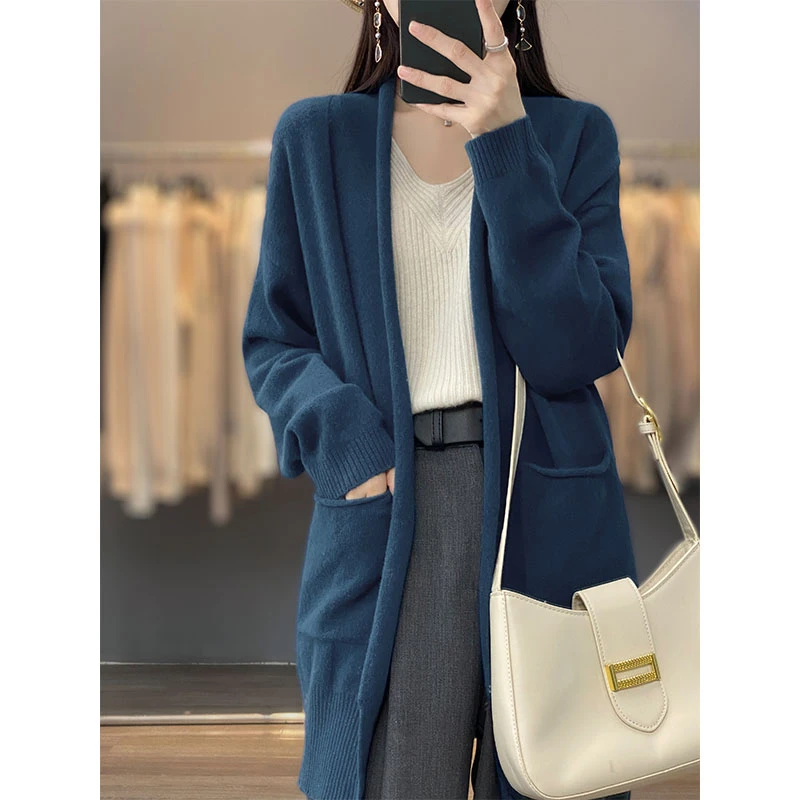 100%澳洲纯羊毛针织开衫春秋冬季女中长款口袋纯色羊毛和领开衫