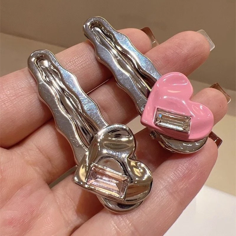 甜酷少女风金属粉色爱心大水钻鸭嘴夹亮银色甜美波浪边夹合金发夹