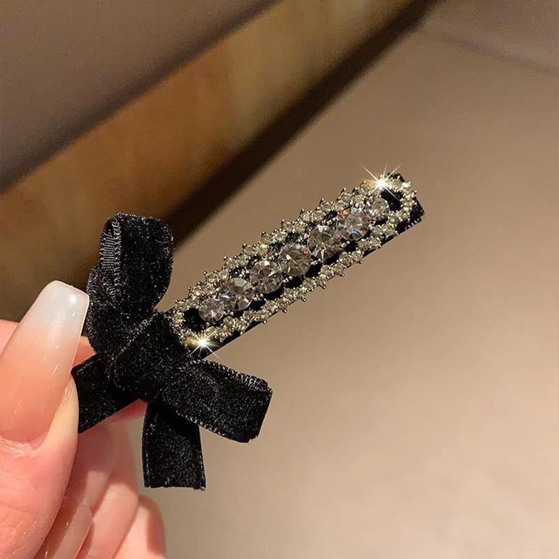 复古小香风黑色丝绒蝴蝶结水钻发夹发卡鸭嘴夹时尚气质百搭发饰品