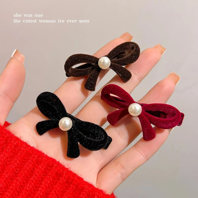 2024新款丝绒蝴蝶结小发夹边夹侧边刘海夹女前额鸭嘴夹子头饰秋冬