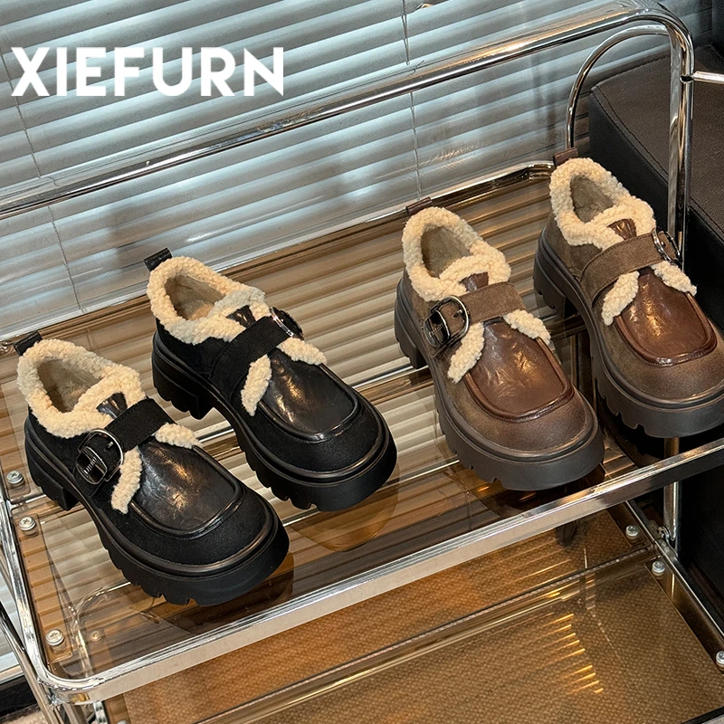 XIEFURN/鞋夫人厚底加绒小皮鞋女秋冬学院风复古单鞋时尚百搭棉鞋