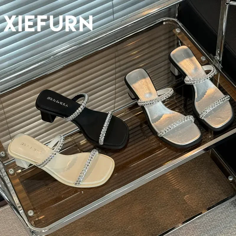 XIEFURN/鞋夫人2024夏季气质时尚百搭仙女风方头粗跟外穿高跟凉鞋