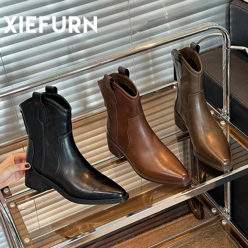 XIEFURN/鞋夫人网红复古短靴女2024秋冬尖头粗跟百搭切尔西靴