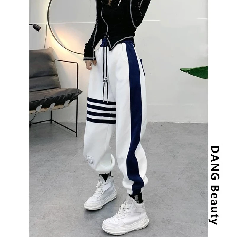 韩版拼色高腰加绒加厚束脚卫裤女2025春季新款宽松显瘦洋气哈伦裤