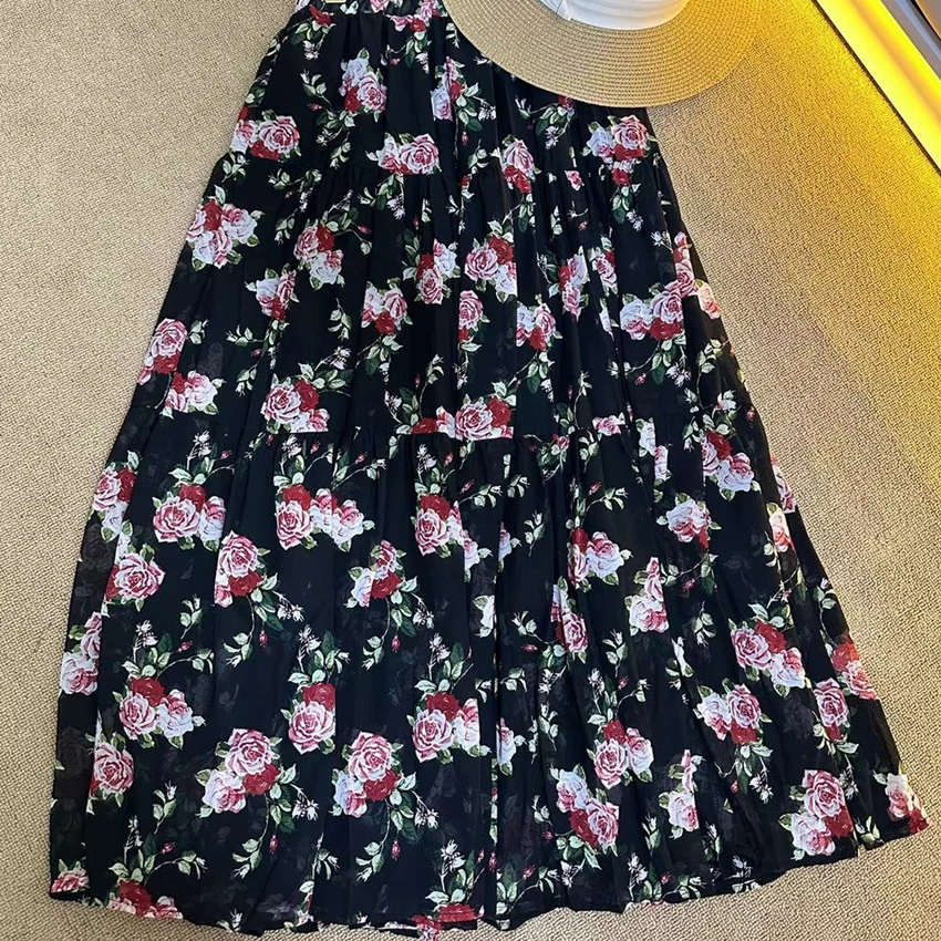 高腰松紧显瘦碎花压褶雪纺半身裙女长裙春季新款大摆裙子2025年