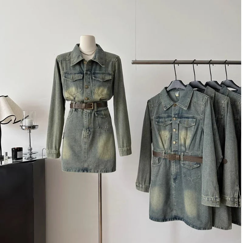 2025复古洗水做旧牛仔连衣裙女春秋季新爆款港风小个子收腰短裙子