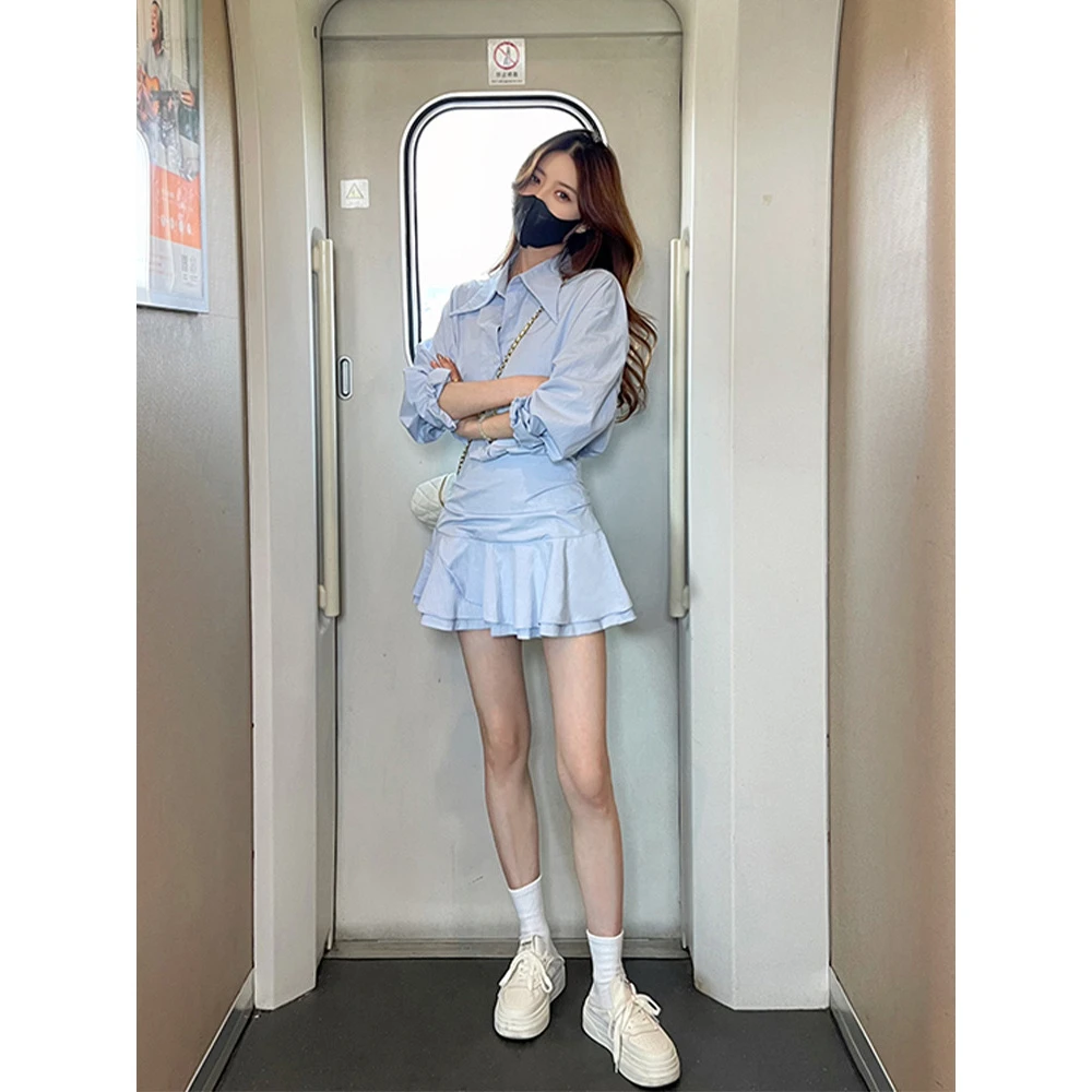 2025假两件白色长袖衬衫连衣裙收腰裙子女装新款