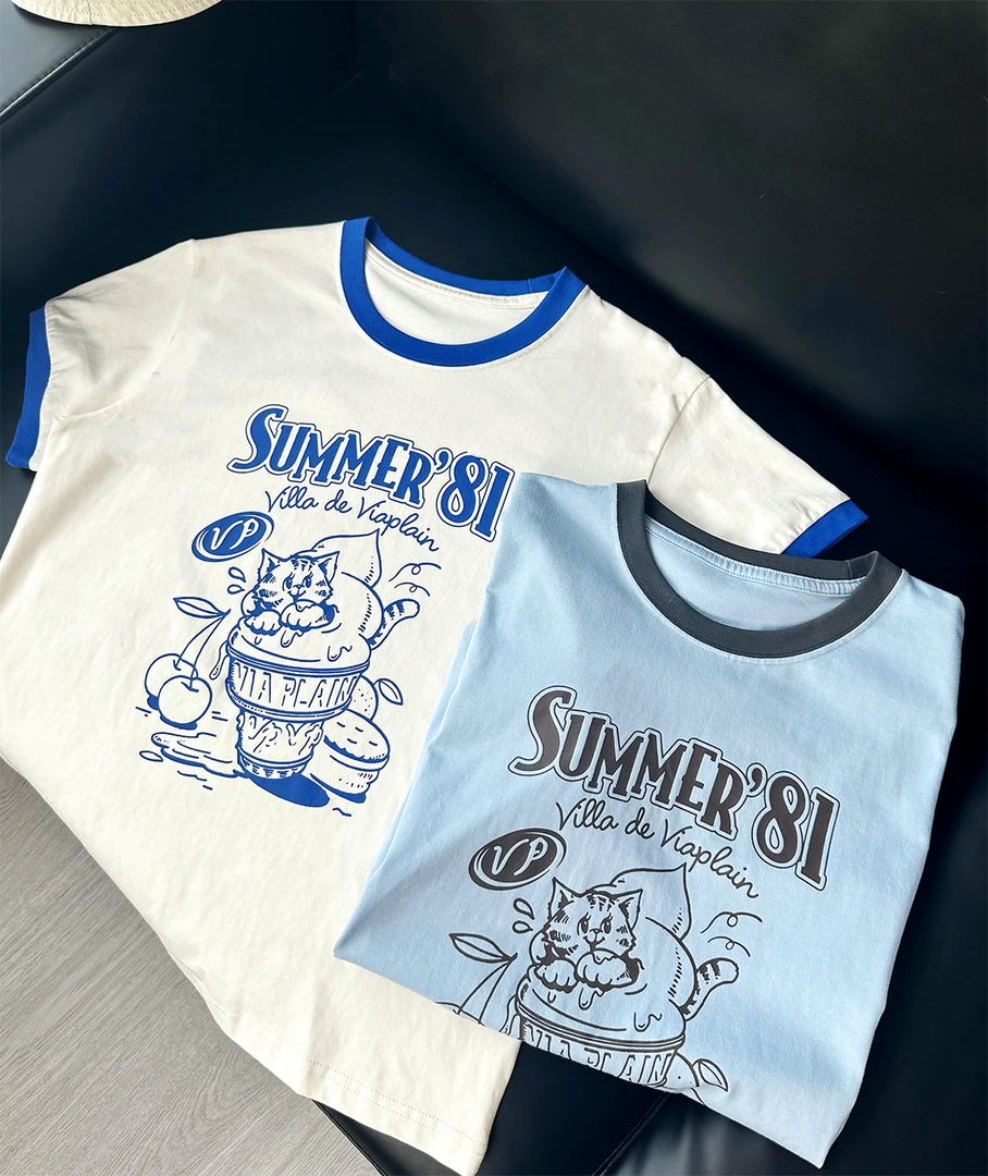 CYKS.THB | 特/韩版圆领撞色拼色印花棉体恤短袖女夏季半袖宽松