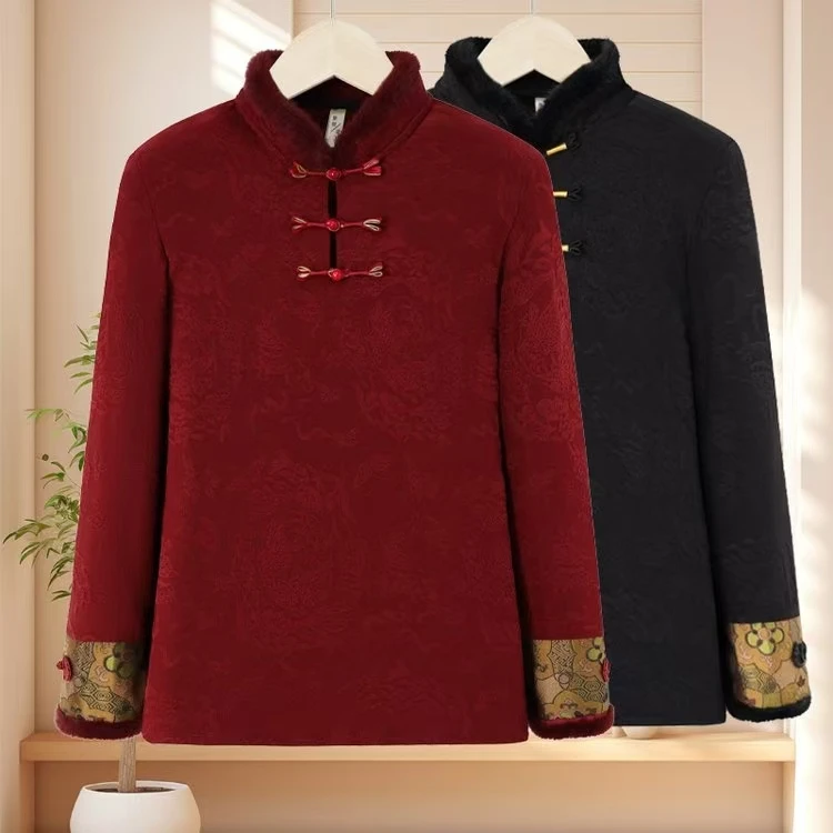 新中式复古旗袍领盘扣提花拼接宋锦异色萝袖口时尚显瘦外穿上衣