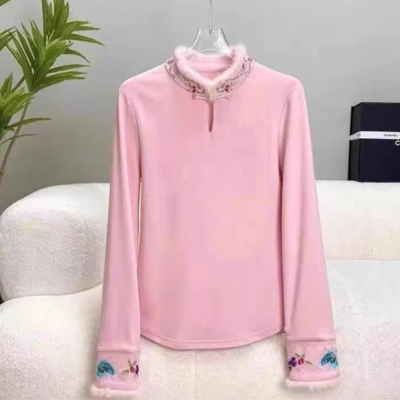 新中式2024新款秋冬季刺绣盘扣气质打底上衣