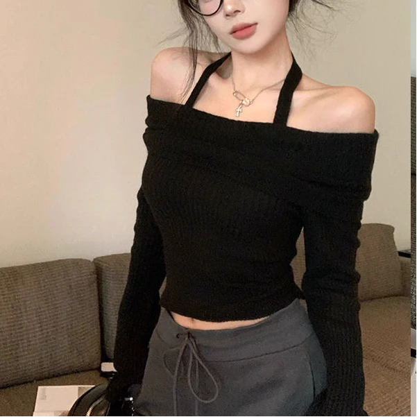 秋冬一字领长袖打底衫辣妹纯欲秋季针织衫女露肩洋气洋气衣服女