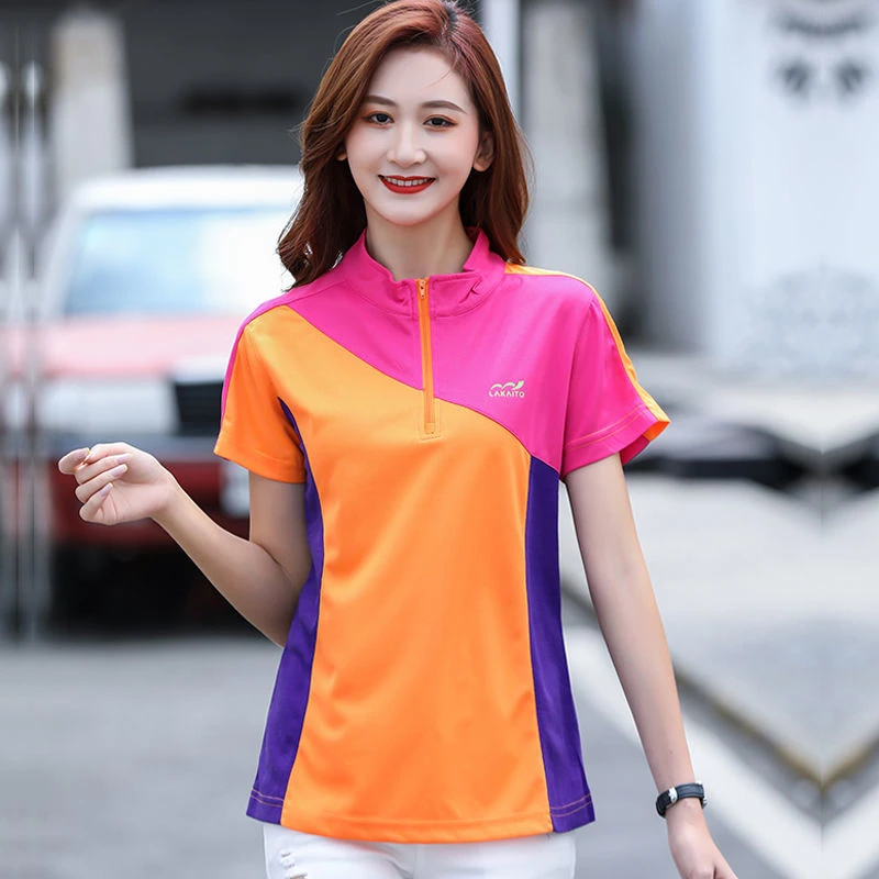 夏季户外运动透气登山休闲短袖翻领修身半袖立领拼色速干女T恤t恤