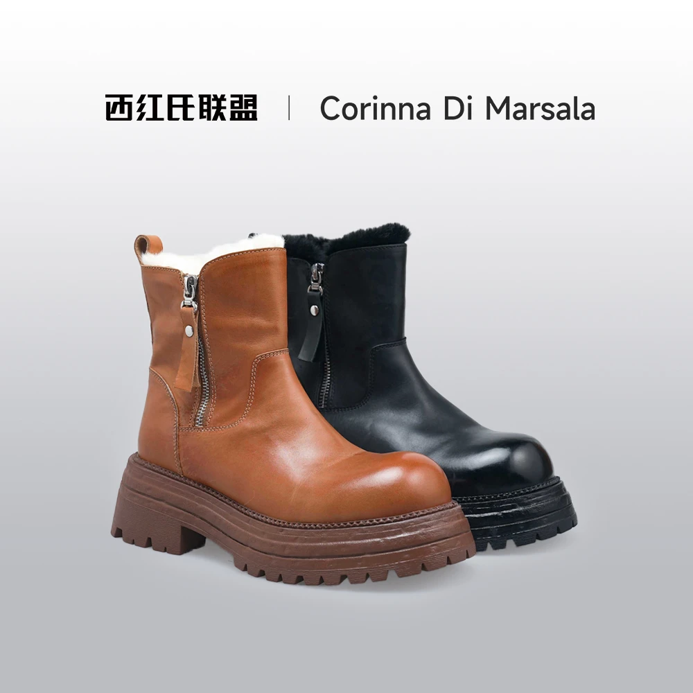 【西红氏联盟】秋冬加厚百搭拉链厚底真皮雪地靴跟高4.5cm半码拍大