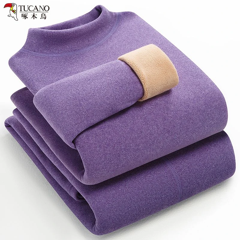 啄木鸟女男秋衣秋裤套装加绒加厚保暖内衣高档高领冬季贴身防寒