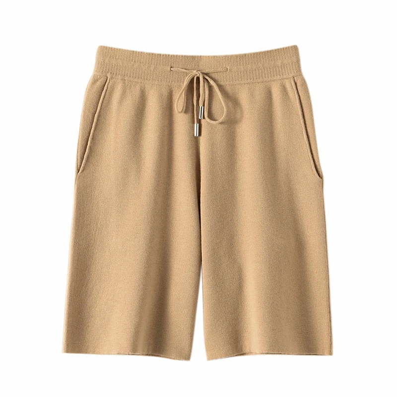 精纺100羊毛女士外穿休闲裤五分裤中腰纯色百搭针织短裤QL31630