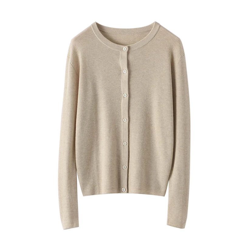 秋季新款100纯羊毛开衫圆领抽条针织衫外套QL31642