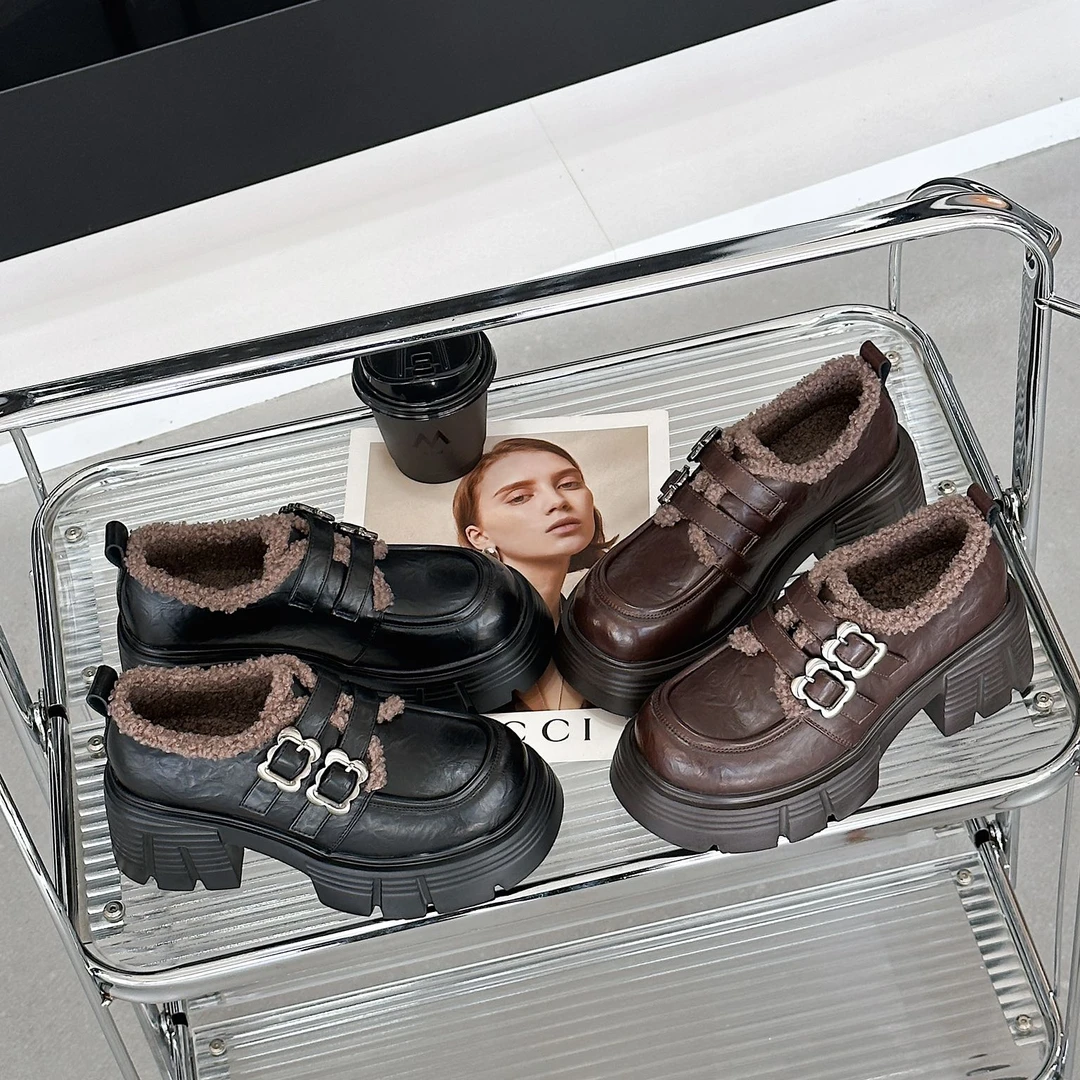 英伦风厚底乐福鞋女冬季新款加绒保暖小皮鞋粗跟时尚百搭 4732