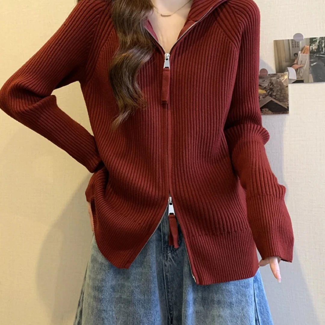 安可拉红色翻领百搭针织开衫毛衣外套大码女装秋冬新款（双拉链）