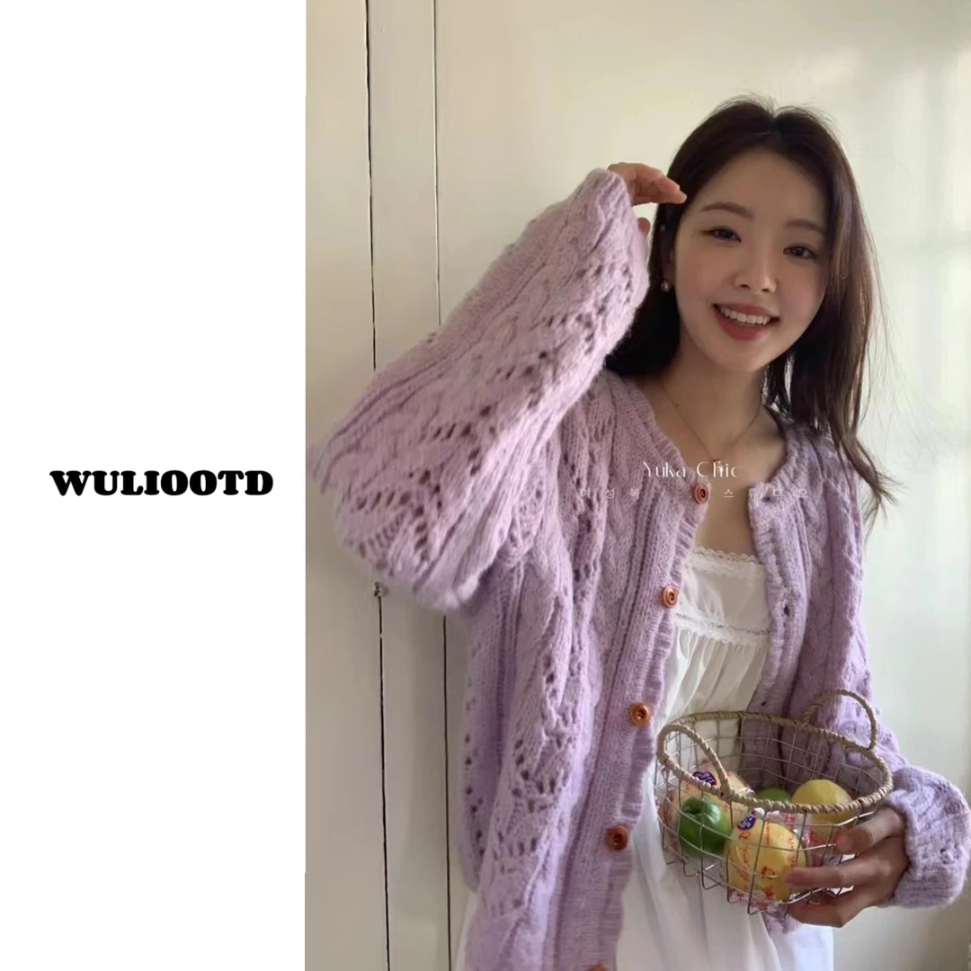 慵懒风毛衣开衫纯色镂空钩花女韩系宽松软糯圆领针织开衫上衣开衫