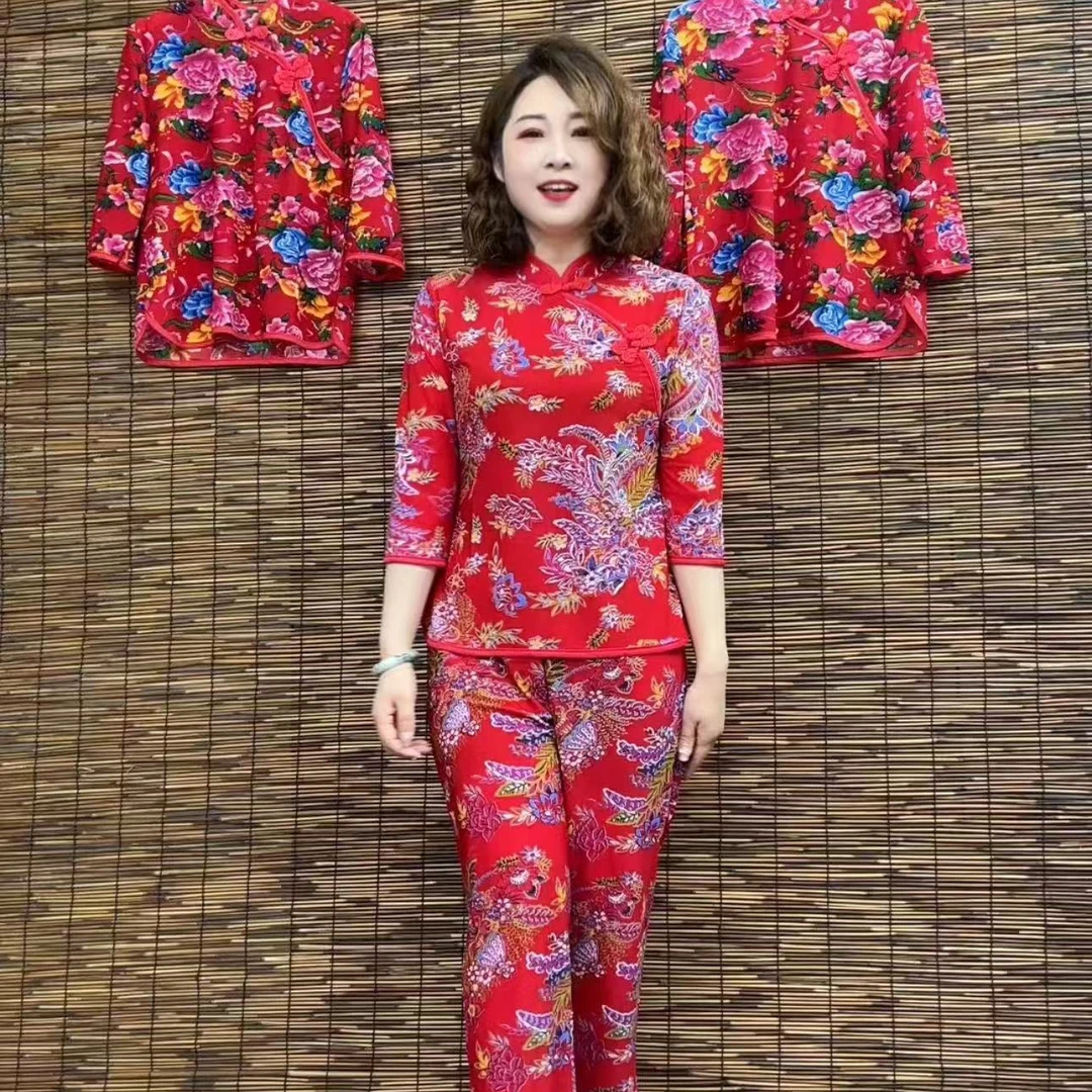 套装 春夏新款国风旗袍领时尚弹力妈妈套装