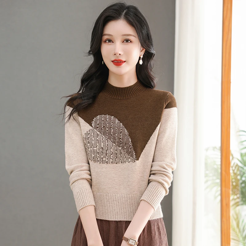 2024冬款圆领女针织衫拼色秋冬加厚时尚气质百搭上衣套头洋气