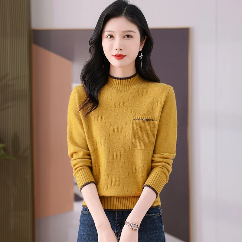 2024冬款圆领女针织衫气质纯色秋冬时尚休闲套头上衣百搭长袖