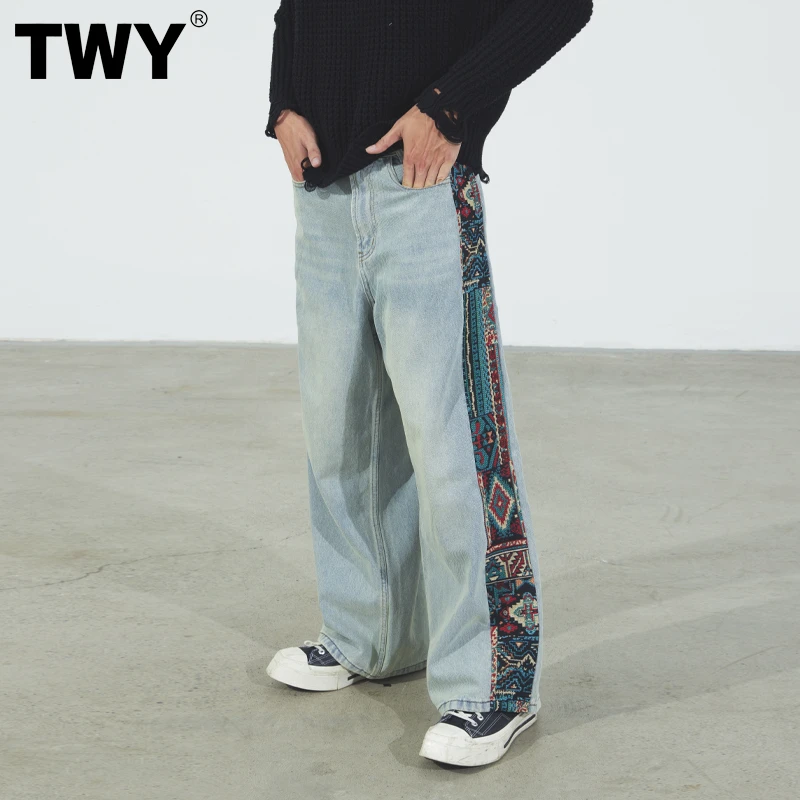 TWY水木年华潮牌民族风彩条设计蓝色男女同款牛仔裤直筒阔腿裤