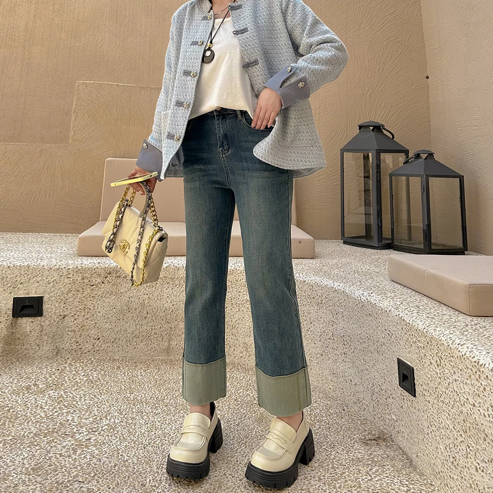 【春上新】胖mm显瘦弹力牛仔直筒烟管9分裤200斤加大码女装_1389-YK