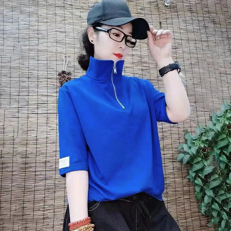 复古立领拉链微胖高品质女装宽松t恤女夏季时尚弹力打底衫上衣潮