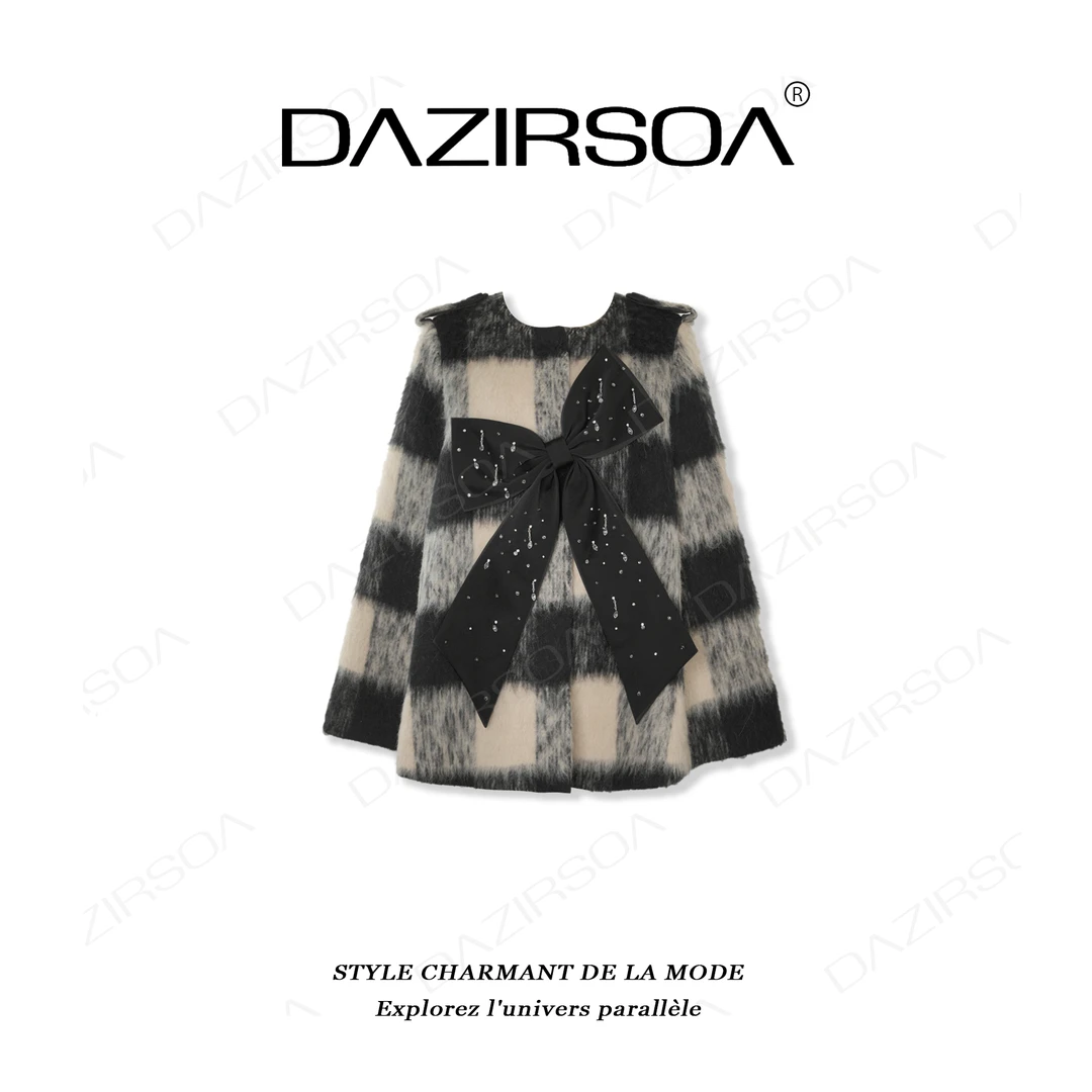 DAZIRSOA/达姿“生命华彩”拼接蝴蝶结黑白格洋气斗篷外套 W035